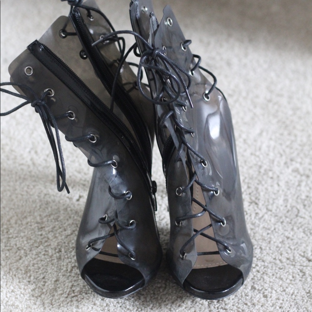 Missguided Black Lace up PVC heels